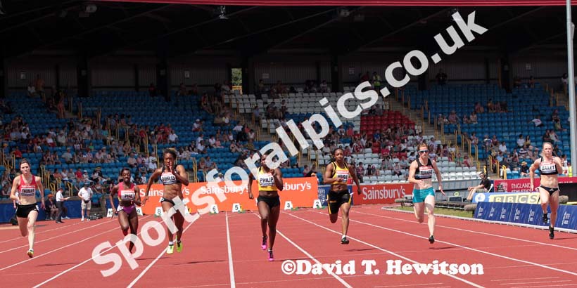 Asha Philip wins the 100 metres at the Sainsbury's British Championships, Birmingham.